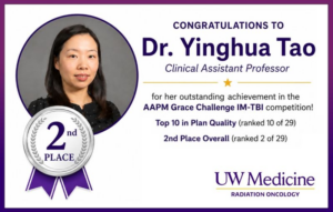 Dr. Yinghua Tao takes 2nd Place in AAPM Grace Challenge